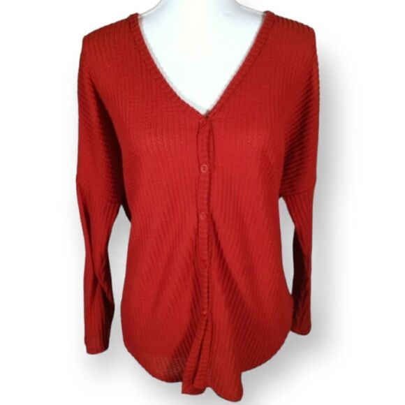 LIVE IN THE MOMENT BURNT ORANGE WAFFLE KNIT V-NECK SWEATER SZ.M EUC - Picture 1 of 5